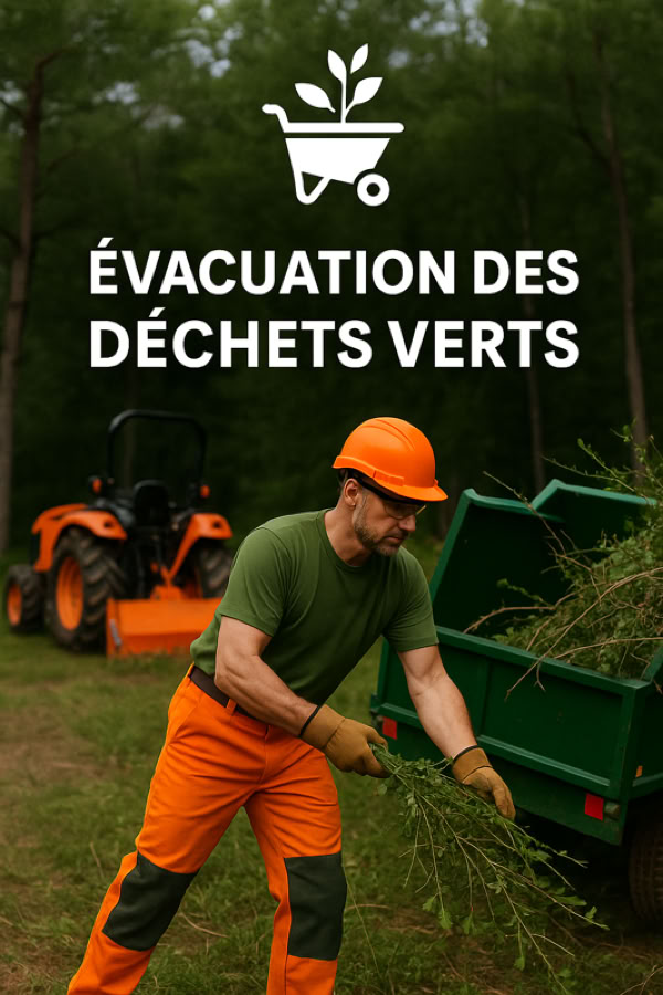 Un homme en tenue de travail orange et verte charge des branches dans une remorque verte, avec un tracteur orange en arrière-plan et le texte "Évacuation des déchets verts" en haut.