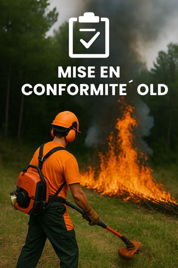 Personne en tenue de sécurité orange avec un casque, utilisant un outil près d'un feu de broussailles, texte "Mise en conformité OLD" en haut.
